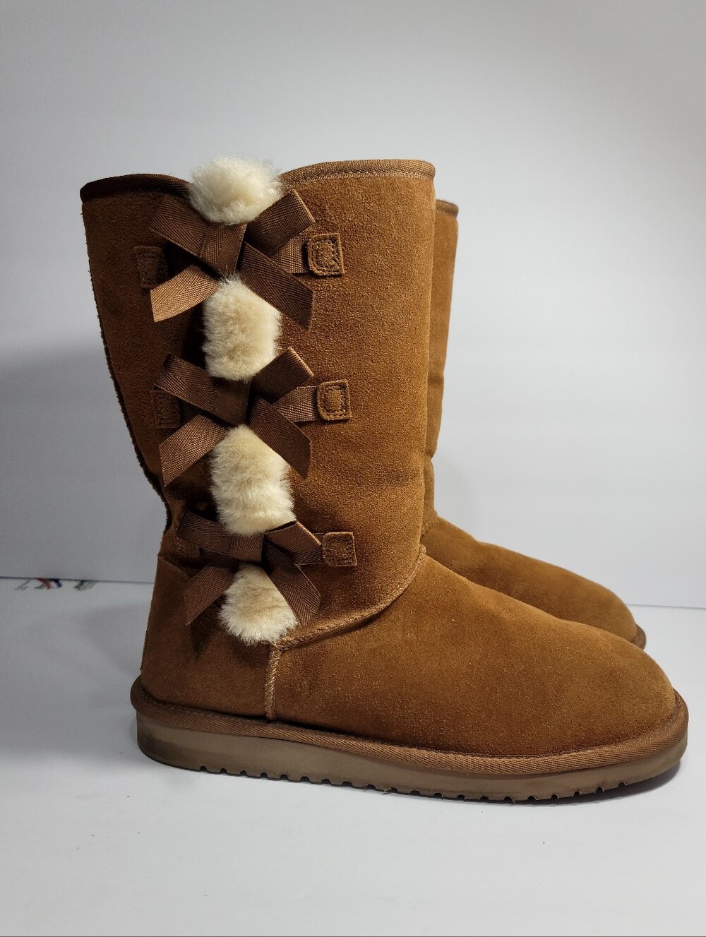 Koolaburra By UGG Chestnut Brown Suede Mid-Calf Boots with Fur Pom Bows